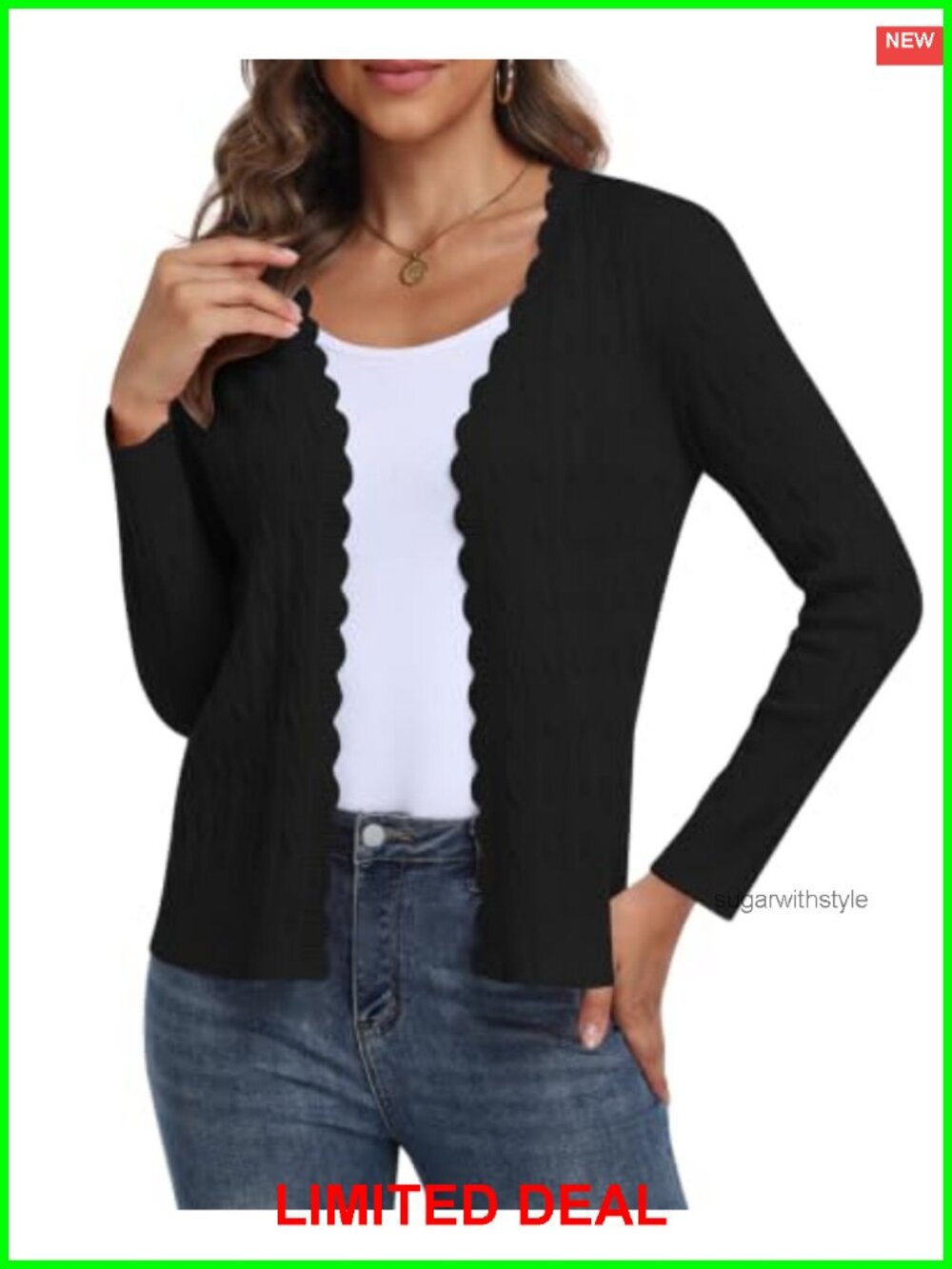 Scalloped Cable Knit Open Front Cardigan Lightweight Sweater